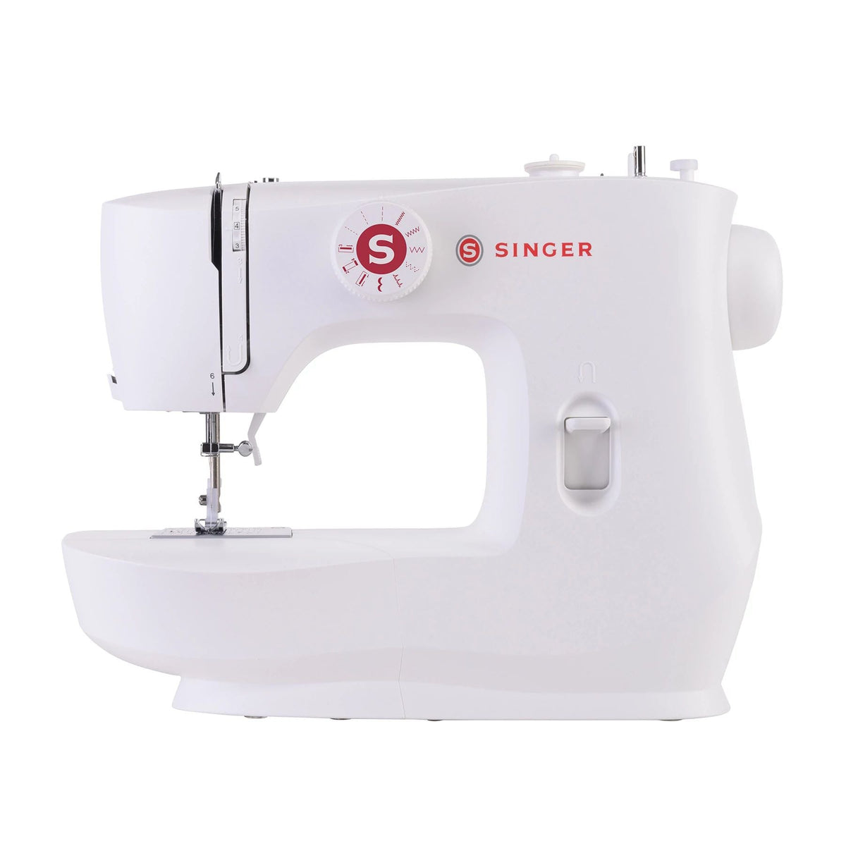 Singer MX60 sewing machine front view with stitch selector dial and extension table