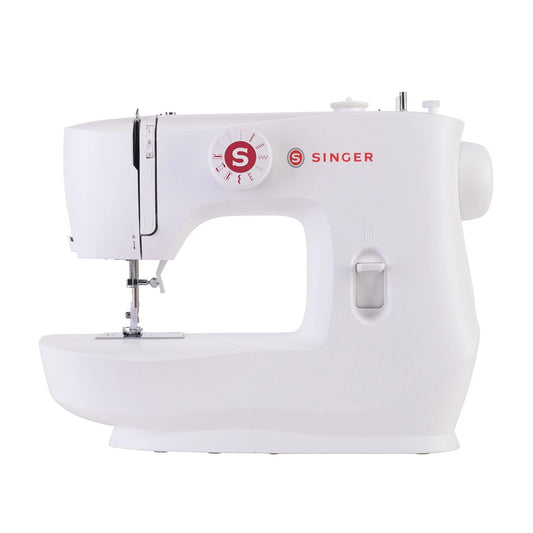 Singer MX60 sewing machine front view with stitch selector dial and extension table