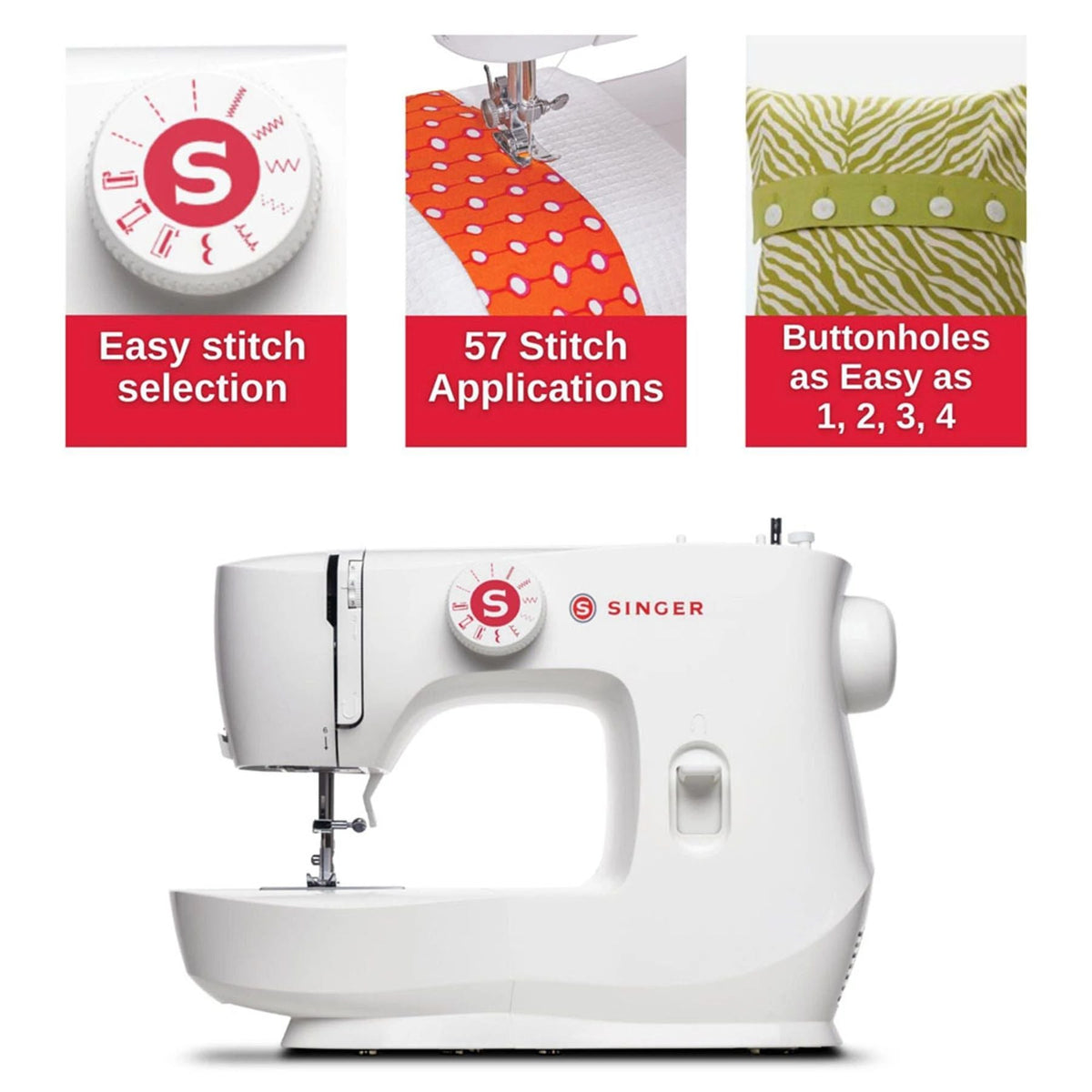 Singer MX60 with callouts for easy stitch selection, 57 stitch applications and buttonholes