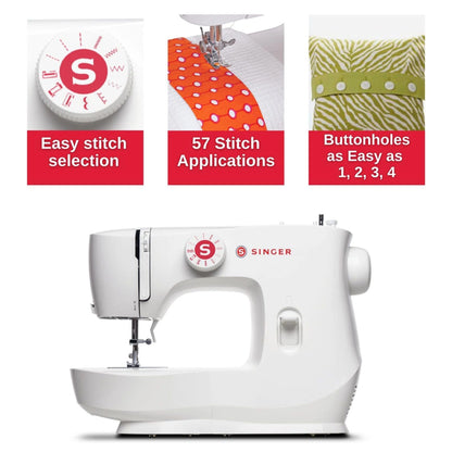 Singer MX60 with callouts for easy stitch selection, 57 stitch applications and buttonholes