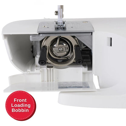 Singer MX60 front-loading bobbin area with the hinged cover open