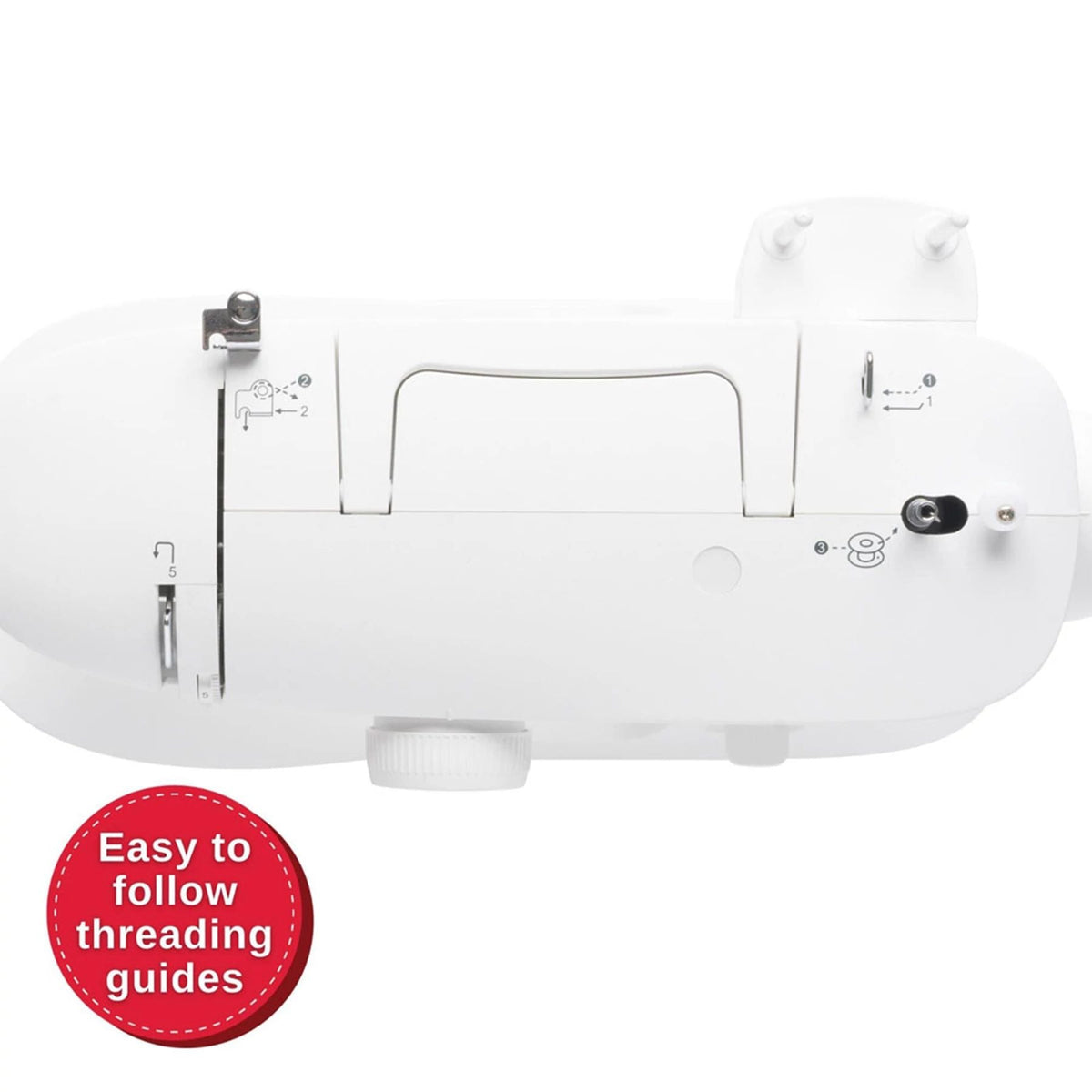 Top view of the Singer MX60 with carry handle, spool pins and printed threading guides