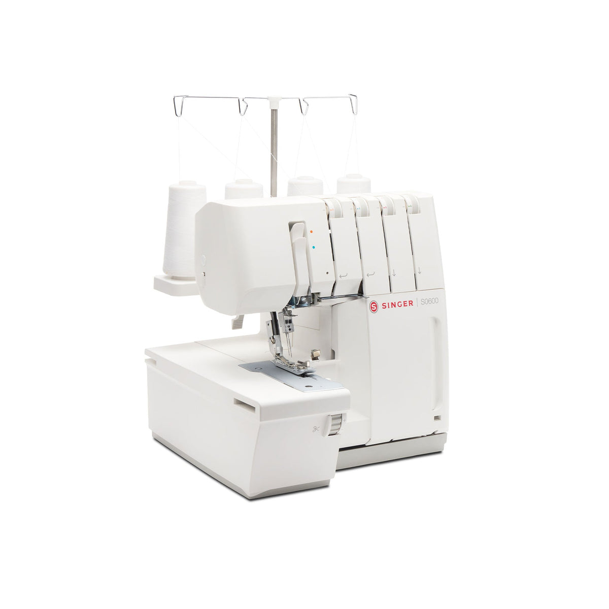 Singer S0600 serger angled view with the flat bed extension and thread stand