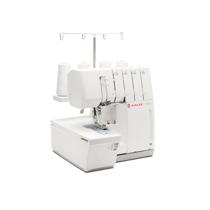 Singer S0600 serger angled view with the flat bed extension and thread stand