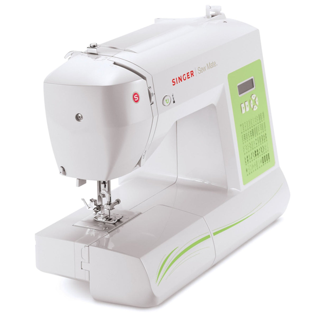 Singer Sew Mate 5400 angled front view with the removable storage compartment attached