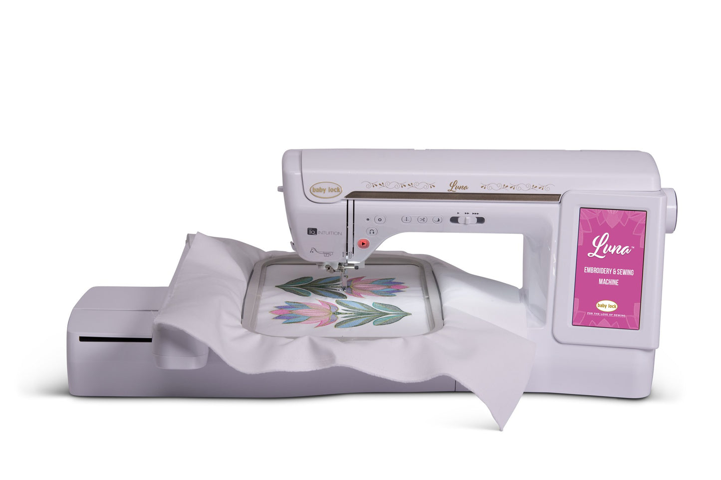 Baby Lock Luna with the embroidery unit attached, front view