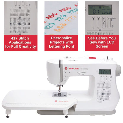 Singer C7290Q stitch chart, lettering sample, and LCD screen