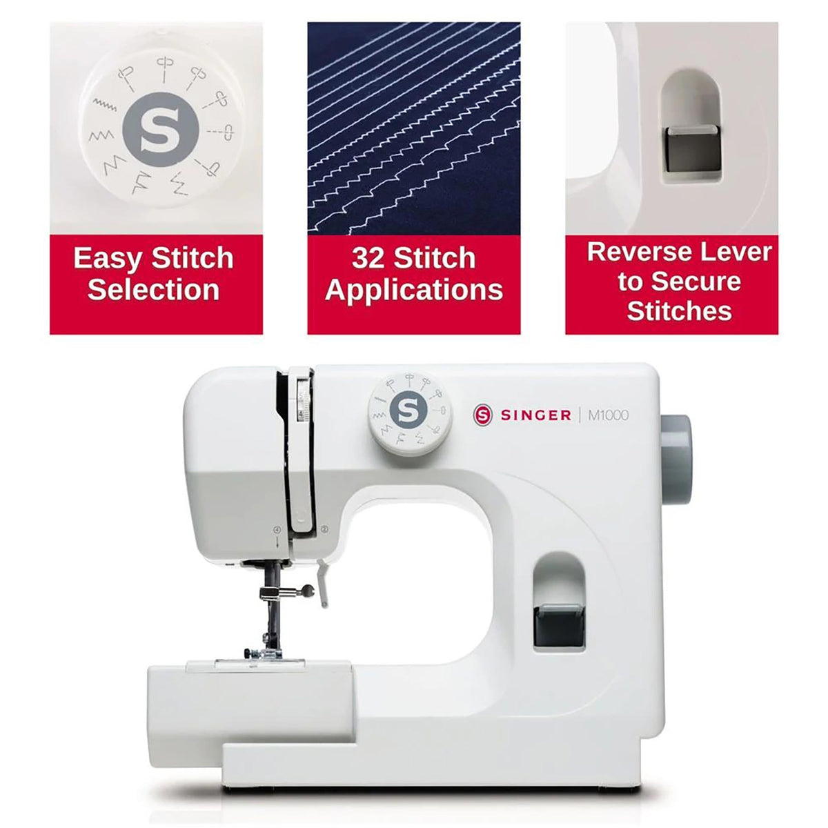 Singer M1000 stitch selection dial, 32 stitch applications, and reverse lever