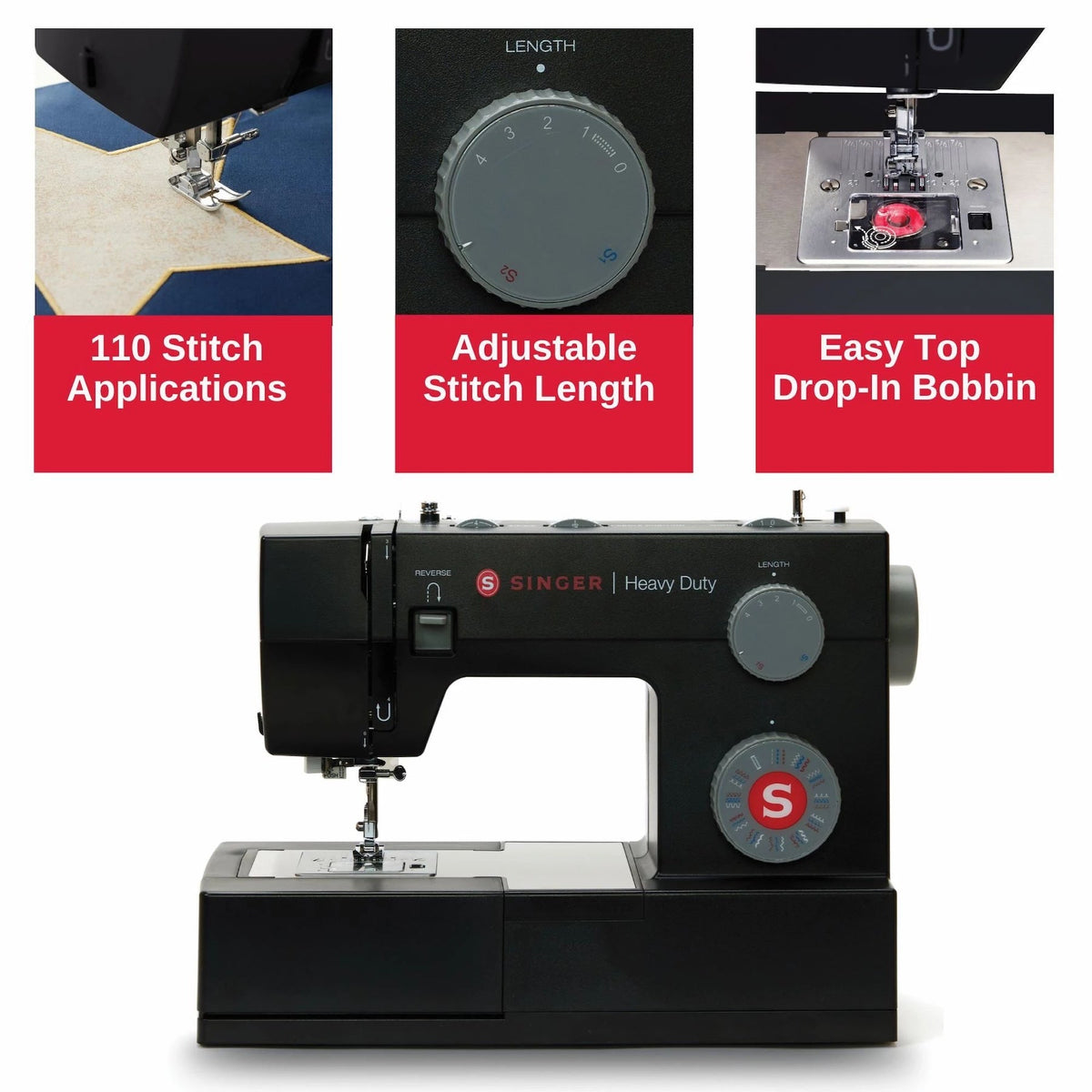 Singer Heavy Duty 4432 Black stitch length dial and top drop-in bobbin