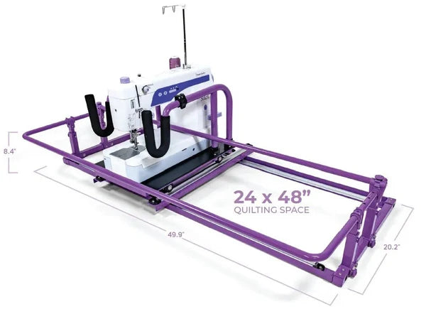 Handi Quilter FreeWay frame dimensions: 24 x 48 inch quilting space, 49.9 inches long, 20.2 inches deep, 8.4 inches high