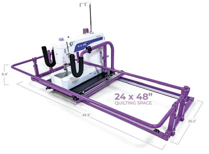 Handi Quilter FreeWay frame dimensions: 24 x 48 inch quilting space, 49.9 inches long, 20.2 inches deep, 8.4 inches high