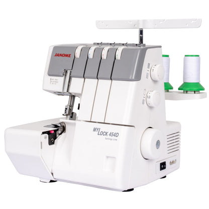 Janome MyLock 454D Sailing Line serger right side with spool stand, thread spools and dials