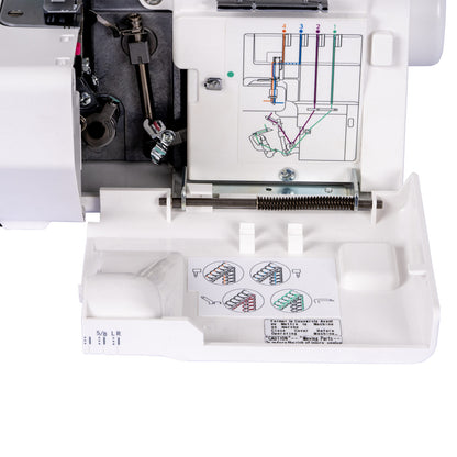 Janome MyLock 454D Sailing Line serger open cover with threading chart and thread guides