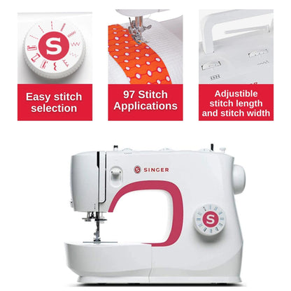 Singer MX231 stitch selector dial, 97 stitch applications, and stitch length and width dials