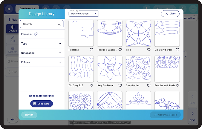 QMX app step 1 pick a design from the library