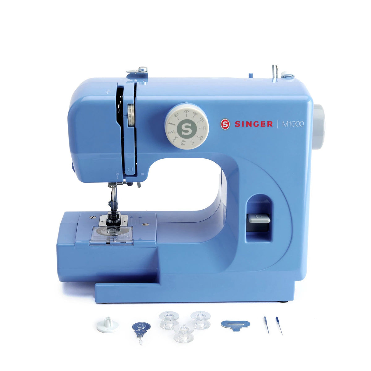 Singer M1000 Blue with its bobbins, needles, needle threader, and spool cap