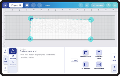 QMX app step 2 outline the quilting zone and place the design