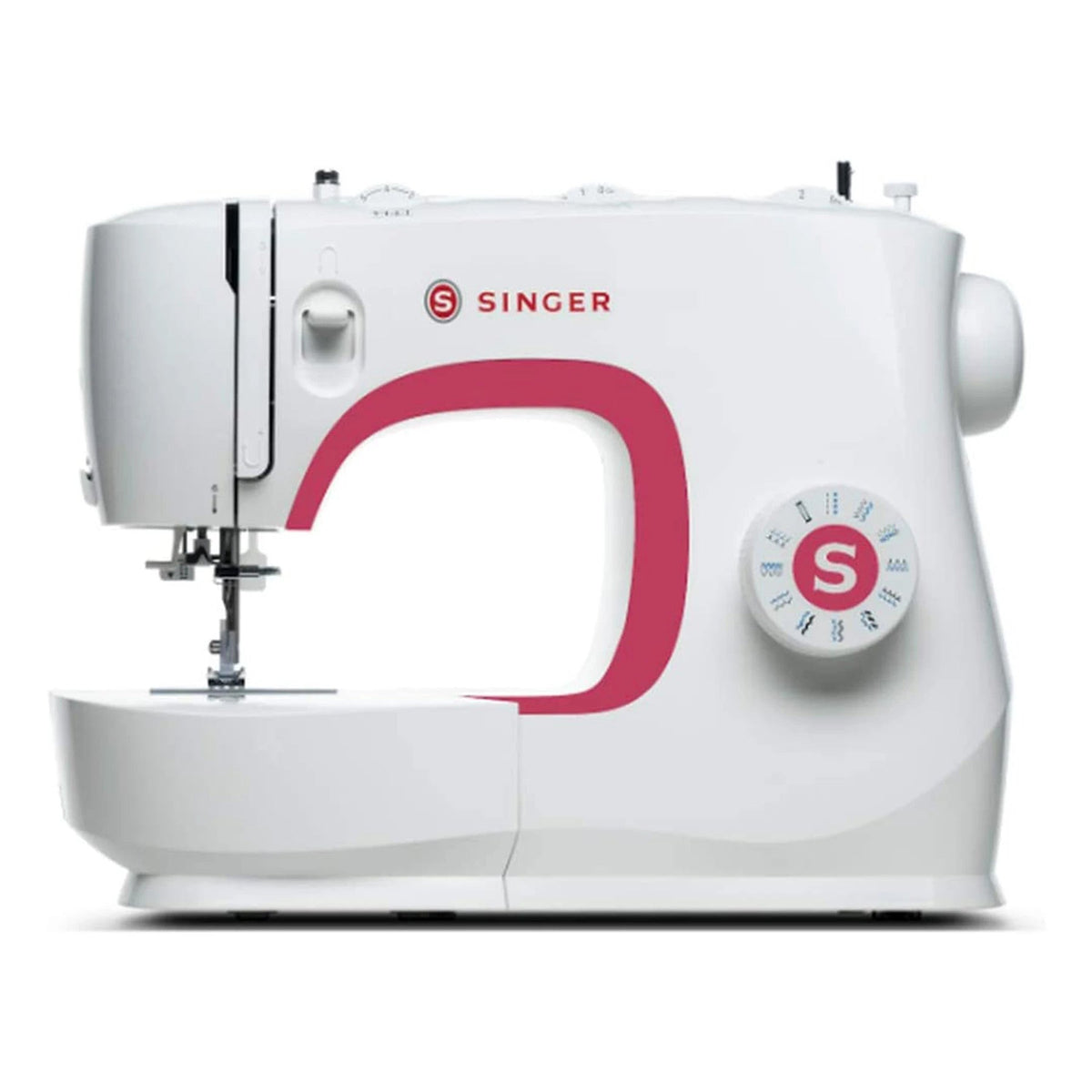 Singer MX231 sewing machine, white with red accents, front view