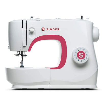 Singer MX231 sewing machine, white with red accents, front view