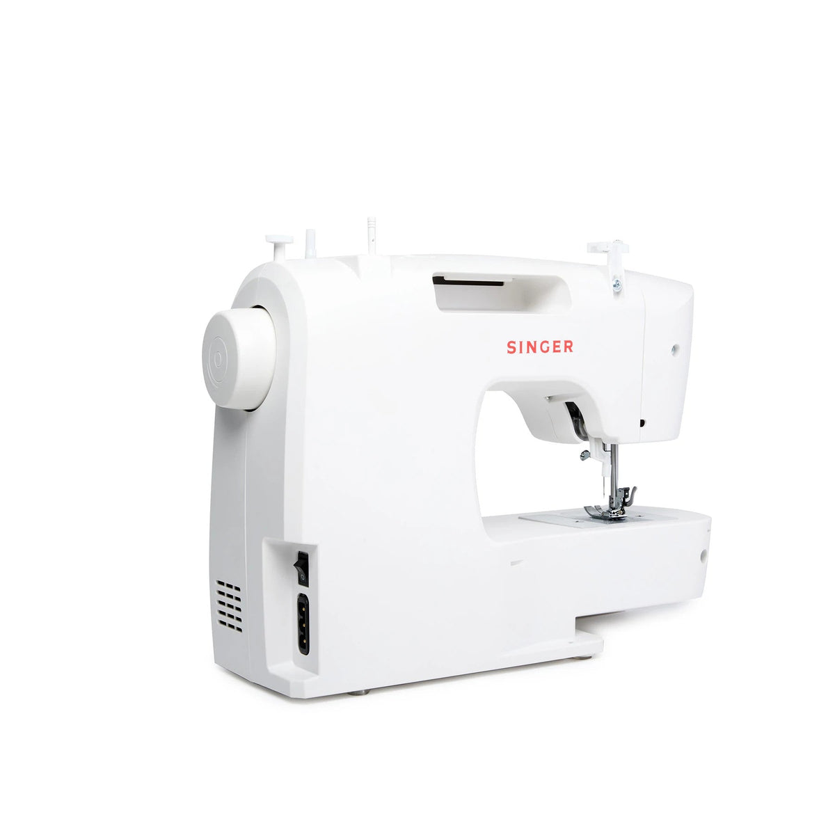 Singer M1150 sewing machine, rear view with handwheel and power switch