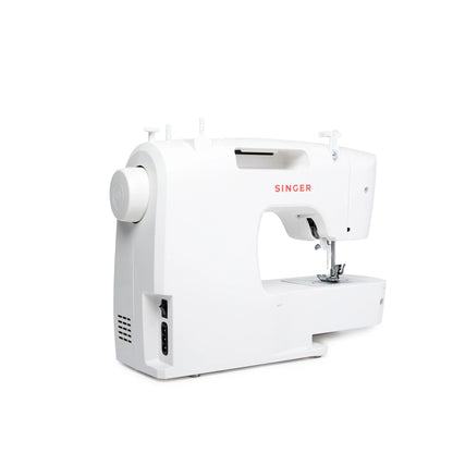 Singer M1150 sewing machine, rear view with handwheel and power switch