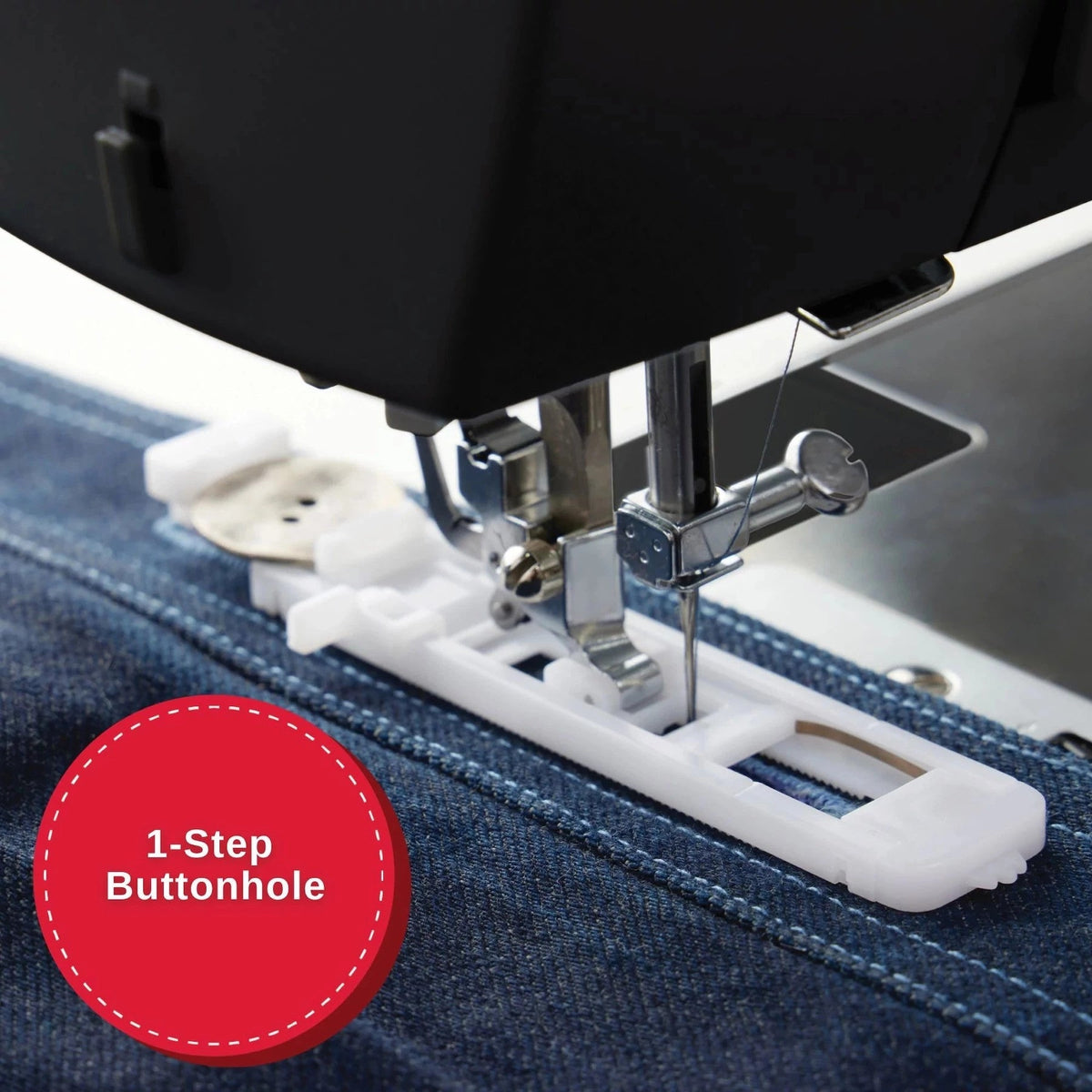 Singer Heavy Duty 4432 Black one-step buttonhole sewn on denim with the buttonhole foot
