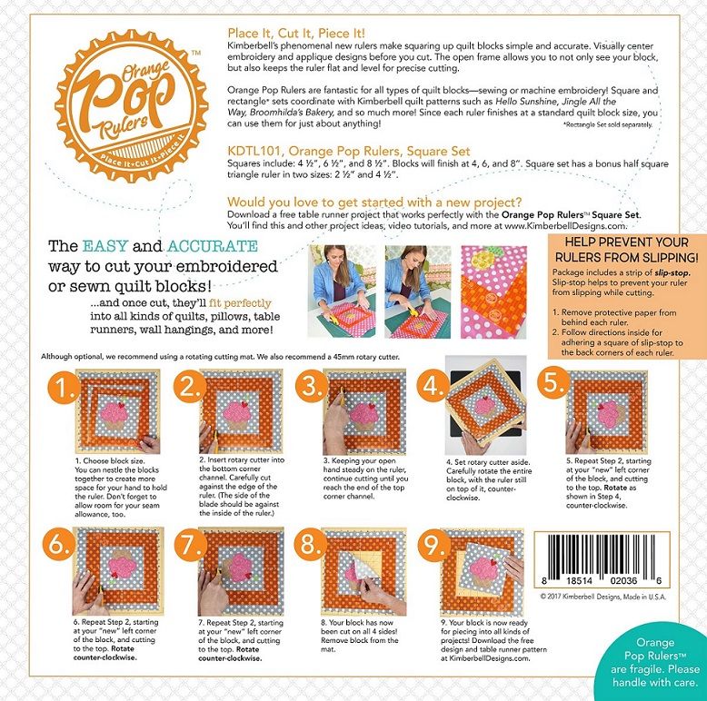  Kimberbell Orange Pop Quilting Rulers - Rectangle, Set of 6:  Easy Attachment, Complete Step-by-Step Instructions, Perfect for Cutting  Quilt Blocks, Flying Geese Ruler-2 Sizes & Tumbler Block Template : Arts