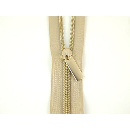 Beige #5 Nylon Coil Zippers: 3 Yards with 9 Pulls Gunmetal