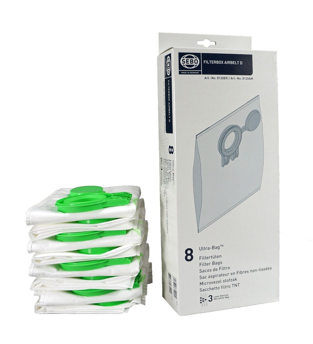 SEBO Filter Bags for AIRBELT D Series (8 3-Layer Bags with Caps)